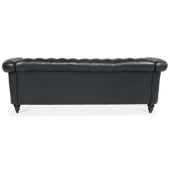 84.65' BLACK PU Rolled Arm Chesterfield Three Seater Sofa.