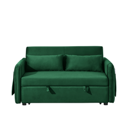 55' Modern Convertible Sofa Bed with 2 Detachable Arm Pockets, Velvet Loveseat Sofa with Pull Out Bed, 2 Pillows and Living Room Adjustable Backrest, Grid Design Armrests