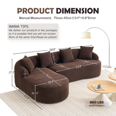 Compression Sponge L-Shape Sectional Sofa with Curved Chaise, Brown Modular Chenille Couch No Assembly Required, 30D High-Density for Living Room Bedroom Apartment Lounge.