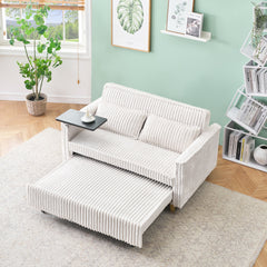 The pull-out and push-in beige corduroy sofa with dual functions, equipped with a movable tabletop and USB ports, is suitable for use in living rooms and bedrooms.
