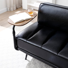 55'Inch Width Modern End of Bed Bench,Black Faux Leather Upholstered With side table, 360-degree Swivel tray couch,Entryway Ottoman,Window Bench with  Metal Legs for Bedroom, Living Room