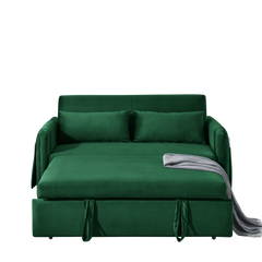 55' Modern Convertible Sofa Bed with 2 Detachable Arm Pockets, Velvet Loveseat Sofa with Pull Out Bed, 2 Pillows and Living Room Adjustable Backrest, Grid Design Armrests
