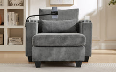 Convertible Chaise Lounge Sofa Chair Corduroy Sleeper with USB Ports, Cup Holders, Storage, Grey