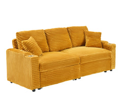80-inch two-in-one pull-out sofa, foldable and hidden reclining function, corduroy fabric, equipped with cup holder and pillow, easily adaptable to living room space, orange