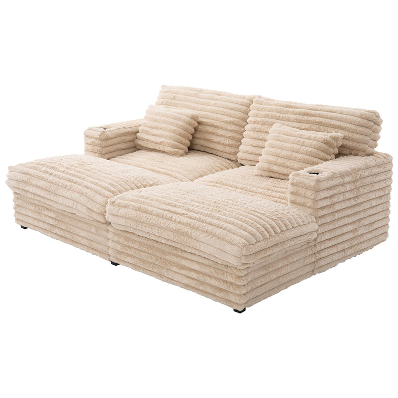 Plush Upholstered Oversized Double Chaise Lounge Sofa with USB Ports and Cup Holders, Champagne, Faux Rabbit Fur, 83.5'