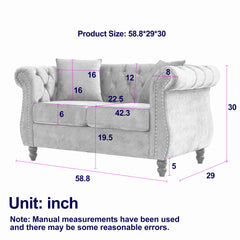 58.8' Chesterfield Sofa Grey Velvet for Living Room, 2 Seater Sofa Tufted Couch with Rolled Arms and Nailhead for Living Room, Bedroom, Office, Apartment, two pillowsW834S00069