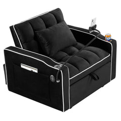 Convertible Sleeper Chair Sofa Bed with Multi-Pockets, Adjustable Pull Out Sofa for Small Spaces, Black Velvet