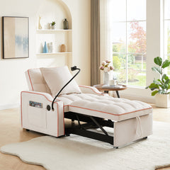Convertible 3-in-1 Sofa Bed with USB Port and Multi-Pockets in Beige Velvet