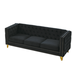 {Contact us for 3D modeling} Velvet Sofa for Living Room,Buttons Tufted Square Arm Couch, Modern Couch Upholstered Button and Metal Legs, Sofa Couch for Bedroom, Black Velvet(W834S00022)
