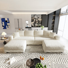 104.3 ' Plush Corduroy 4-Seat Sofa, Modern Comfy Upholstered Sofa Cloud Couch, Deep Seat Couches with Soft Pillows and 2 Ottomans, Convertible Sofa Lounge Chair, for Living Room,Apartment,Office,Beige