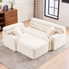 LY-029B Convertible Chaise Sectional Sofa, Full Compression Sponge Modular Couch, Cloud White 3-Seater, Wood Grain Chenille, 2 Pillows, 86'L