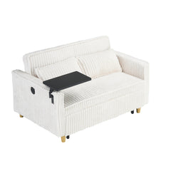 The pull-out and push-in beige corduroy sofa with dual functions, equipped with a movable tabletop and USB ports, is suitable for use in living rooms and bedrooms.