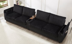 Modern 4-Seater Corduroy Sofa Couch with USB Ports and Hidden Storage in Black
