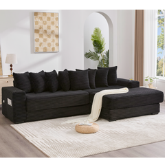 [NEW ARRIVED] [VIDEO PROVIDED] 110.75' Modular L Shaped Sofa, Corduroy Fabric Sectional Couch,With a movable footstool, Cup Holders,Bring 8 throw pillows,Side Pocket,Unfold into a Bed,Black