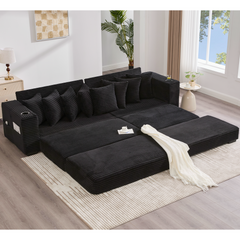 [NEW ARRIVED] [VIDEO PROVIDED] 110.75' Modular L Shaped Sofa, Corduroy Fabric Sectional Couch,With a movable footstool, Cup Holders,Bring 8 throw pillows,Side Pocket,Unfold into a Bed,Black