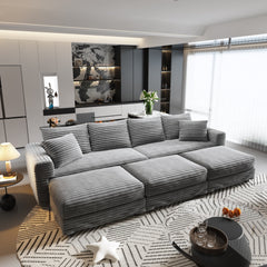 104.3 ' Plush Corduroy 4-Seat Sofa, Modern Comfy Upholstered Sofa Cloud Couch, Deep Seat Couches with Soft Pillows and 3 Ottomans, Convertible Sofa Lounge Chair, for Living Room,Apartment,Office,Grey