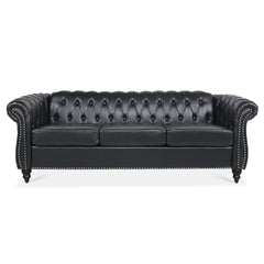 84.65' BLACK PU Rolled Arm Chesterfield Three Seater Sofa.