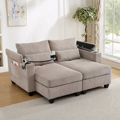 Convertible Chaise Lounge 63' Loveseat Sofa Bed with USB Ports, Cup Holders, Phone Holder, Storage, Brown Corduroy