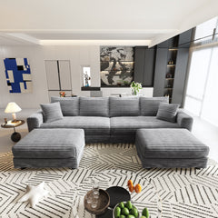 104.3 ' Plush Corduroy 4-Seat Sofa, Modern Comfy Upholstered Sofa Cloud Couch, Deep Seat Couches with Soft Pillows and 2 Ottomans, Convertible Sofa Lounge Chair, for Living Room,Apartment,Office,Grey