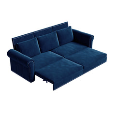 93.7 ' King Pull Out Sofa Bed, Chesterfield Sofa, 3-in-1 Velvet Convertible Sleeper Sofa with Nailhead Trim & Rolled Arm, Multi-Functional Sofa Bed for Living Room, Bedroom, Apartment, Office, Blue