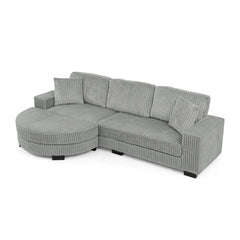 Corduroy Tufted Upholstered Sleeper Sectional Sofa, L-Shaped Modular Convertible Sofa , The arc-shaped footstool can be placed freely on the left and right-Gray
