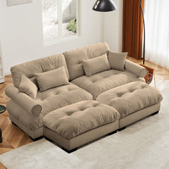 Modern Camel Velvet Two-Seater Sofa with Ottoman and Round Bolster Armrests