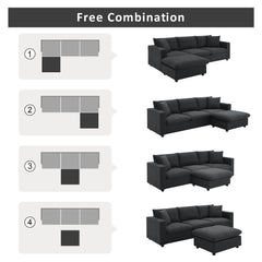 Modern Sectional Sofa with Convertible Ottoman and 2 Free Pillows, L-shaped 4-Seat Polyester Fabric Couch Set, Black