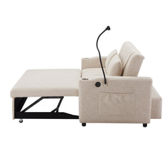 Convertible Sofa Bed Loveseat with USB Ports, Side Pockets, Cup Holders, Swivel Phone Holder, Beige, Bella Fabric