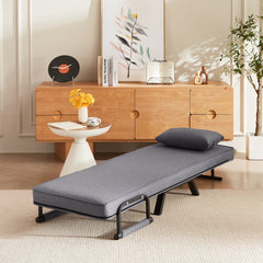 Convertible Folding Chair Bed with Adjustable Backrest and Pillow, Light Grey Linen for Small Spaces