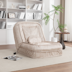 Upholstered Human Dog Bed for Adults and Pets - Bean Bag Floor Sofa with Massage Pillow, 5 Adjustable Positions & 2 Soft Pillows - Beige Velvet with Foam and Iron - Plastic Frame