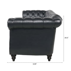 84.65' BLACK PU Rolled Arm Chesterfield Three Seater Sofa.