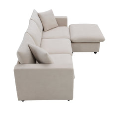 Modern Sectional Sofa with Movable Ottoman and Throw Pillows in Beige, Polyester Fabric, 101*66 inches