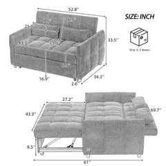 Modern Loveseat Sofa Pull-out Bed with Adjustable Backrest, USB Ports, Lumbar Pillows, Blue Chenille, 52.8'