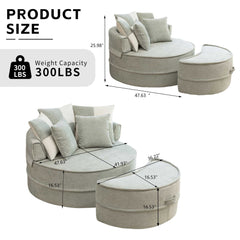 Modern Oversized Blue Round Barrel Accent Chair with Ottoman - Velvet Upholstered Lounge Armchair with 5 Pillows for Living Room or Bedroom