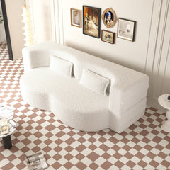 Modern Floor Sofa with 2 Pillows,Convertible Teddy Fabric Foam Filled Sleeper Sofa Bed,15 ' Full Size Folding Mattress for Living Room,Guest Bed,Playroom,no assembly required,Beige