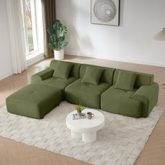 Modern L-Shaped Modular Sectional Sofa in Green Corduroy, 113' Oversized 3-Seater with Deep Seat and Movable Ottoman – No Assembly Required