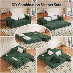 80 ' Convertible Couch Bed with 2 Pillows, 3-Seat Folding Floor Couch & King Size Bed Mattress, DIY Combination, Chenille, GREEN