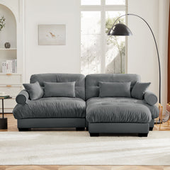 Modern Grey Velvet Two-Seater Sofa with Ottoman and Round Bolster Armrests, L Shape for Living Room