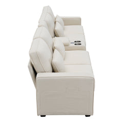 [VIDEO provided] [New] 114.2' Upholstered Sofa with Console, 2 Cupholders and 2 USB Ports Wired or Wirelessly Charged, Modern Linen Fabric Couches with 4 Pillows for Living Room, Apartment (4-Seat)
