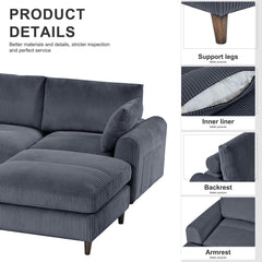 Modern corduroy modular section sofa, U-shaped convertible L-shaped sofa set with pillow, oversized sectional sofa with footstool, suitable for living room, attic, apartment, office - Gray 6 seat
