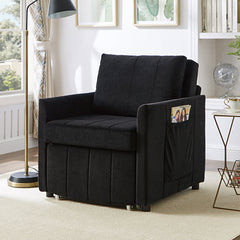 Upholstered Convertible Sleeper Sofa with 5-Position Backrest, Side Pockets, Storage, Black Chenille, 31.5'