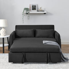 55' Modern Convertible Sofa Bed with 2 Detachable Arm Pockets, Velvet Loveseat Sofa with Pull Out Bed, 2 Pillows and Living Room Adjustable Backrest, Grid Design Armrests