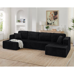 Modern Minimalist U-Shape Modular Sectional Sofa Sleeper in Black Corduroy, Comfy Space-Efficient Design