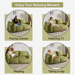 Giant Bean Bag Couch for Adults, Ultra Soft Fluffy Loveseat Bean Bag Sofa, Oversized Chase Lounge Chair Indoor for Living Room Bedroom, No Assembly Required Cozy Reading Chair with Pillows, Green