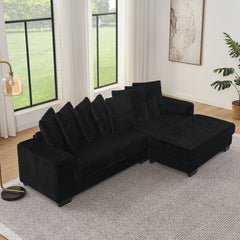 Corduroy Tufted Upholstered Sleeper Sectional Sofa, L-Shaped Modular Convertible Sofa , Can freely change the position of the footrests-Black(Assembly is required)