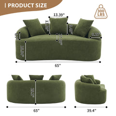 LY-025S Green Curved Loveseat: Compressed No Assembly, Chenille Small Sofa, 30D Sponge, Compact for Apartments, 65' L, 300Lbs, 3 Pillows