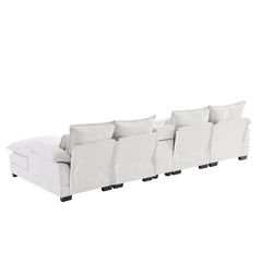 Modern U-shaped Sofa with Console, Cupholders & USB Ports, 6-seat Upholstered Furniture, Chenille, 123*55 inches, White