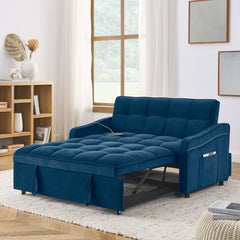Loveseats Sofa Bed with Pull-out Bed,Adjsutable Back and Two Arm Pocket,TypeC and USB Charging with Copper nail,Blue (47'x53'x31')