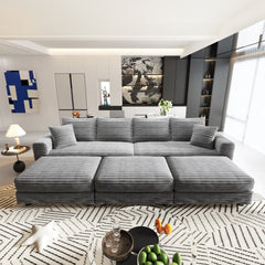 104.3 ' Plush Corduroy 4-Seat Sofa, Modern Comfy Upholstered Sofa Cloud Couch, Deep Seat Couches with Soft Pillows and 3 Ottomans, Convertible Sofa Lounge Chair, for Living Room,Apartment,Office,Grey