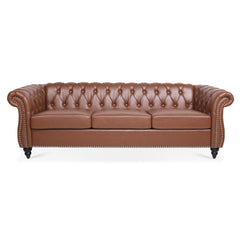 Classic Chesterfield Three Seater Sofa Brown PU Leather with Rolled Arms and Birch Legs 84.65 Inches